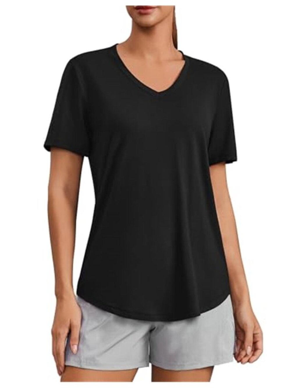 PINSPARK Black V-Neck Workout Top UPF 50+ Quick Dry Athletic Tee